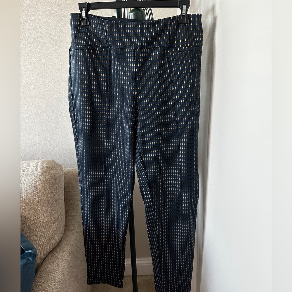 Betabrand Power Down Skinny Ankle Crop Pant Navy Blue Print Large Long